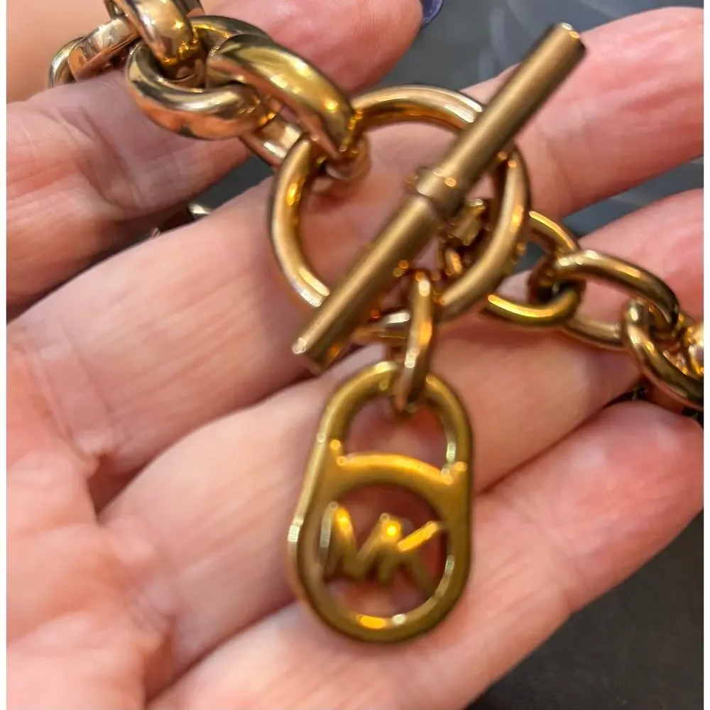 Michael Kors Chunky Gold Tone Chain Bracelet w/ MK Charms Toggle Sz 6.5”